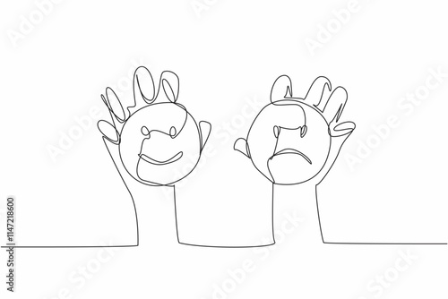 Single one line drawing two hands hold smile and frown emoticons. Combination of genetics and environment may be cause of the disorder. World Bipolar Day. Continuous line design graphic illustration