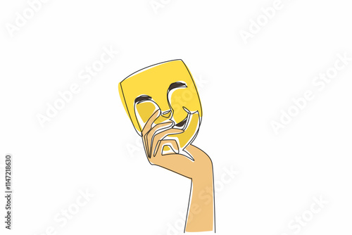 Single continuous line drawing a hand holding a theater mask. Symbol. Icon. Playing a different role from the original character. Entertainment. World Theatre Day. One line design vector illustration