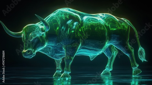 Wallpaper Mural Glowing green glass bull statue on reflective surface. Torontodigital.ca