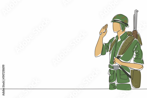Continuous one line drawing soldiers salute while wearing helmets and carrying weapons. Respect the orders of superiors. Battle. Vietnam War Veterans Day. Single line draw design vector illustration