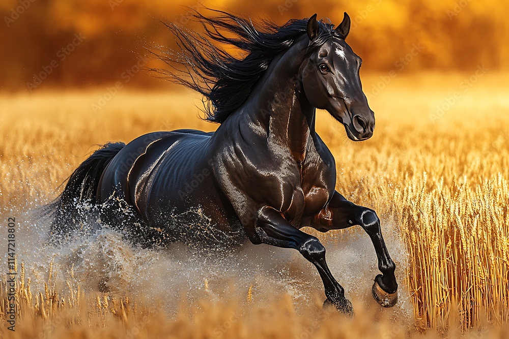 Black stallion runs gallop through a wheat field at sunset