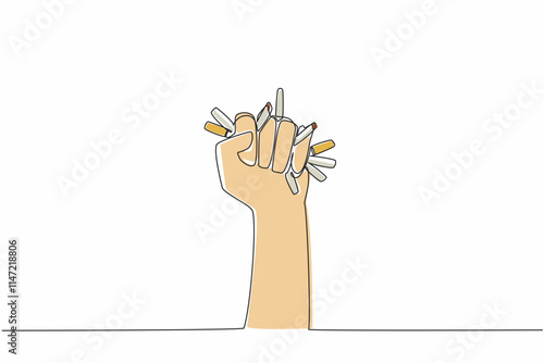 Single continuous line drawing a clenched hand crushing cigarettes in grip. Symbol of firm statement. Rejecting harmful substances that have no benefit to humans.  One line design vector illustration