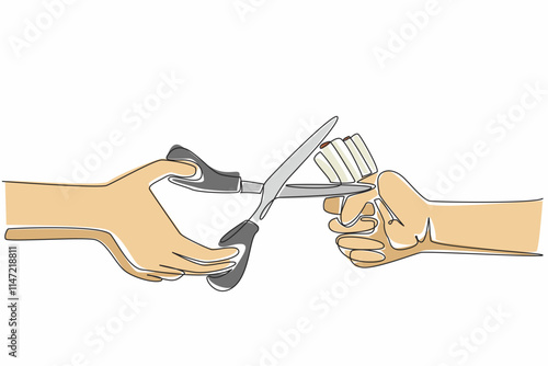 Continuous one line drawing one hand clenching the cigarettes while other hand ready to cut them. Ready to destroy harmful substances. Say no to smoking. Single line draw design vector illustration