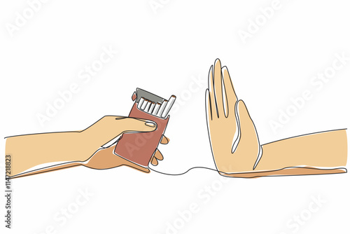 Single continuous line drawing one hand holds a cigarette pack and the other hand is raised as if in a stop gesture. Reject useless offers. Stop smoking. Quit. One line design vector illustration