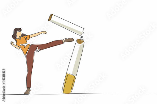 Single one line drawing woman kicks big cigarette stick until it breaks. Destroying addictive substances that have no benefits at all. Stop smoking. Quit. Continuous line design graphic illustration