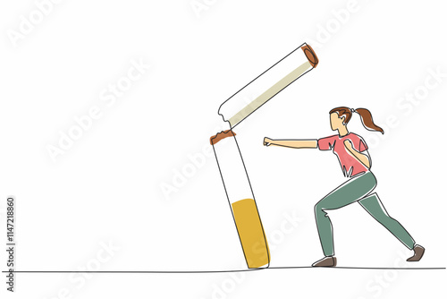 Single continuous line drawing woman hits a large cigarette until it breaks. Stay away from cigarettes. Cigarettes are not good for anyone. Say no to smoking. One line design vector illustration