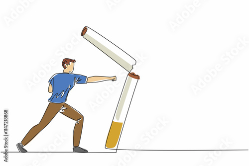 Single continuous line drawing man hits big cigarette stick until it breaks. Determined to live healthier than before. Resistance against addictive substances. One line design vector illustration