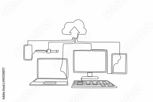 Continuous one line drawing some gadget devices upload data to the cloud. Very easy storage media. Confidential. Important. Cloud server. World Backup Day. Single line draw design vector illustration