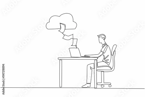 Single continuous line drawing man typing on laptop at desk. Every worksheet is saved directly to cloud server. Make work easier. Adv technology. World Backup Day. One line design vector illustration