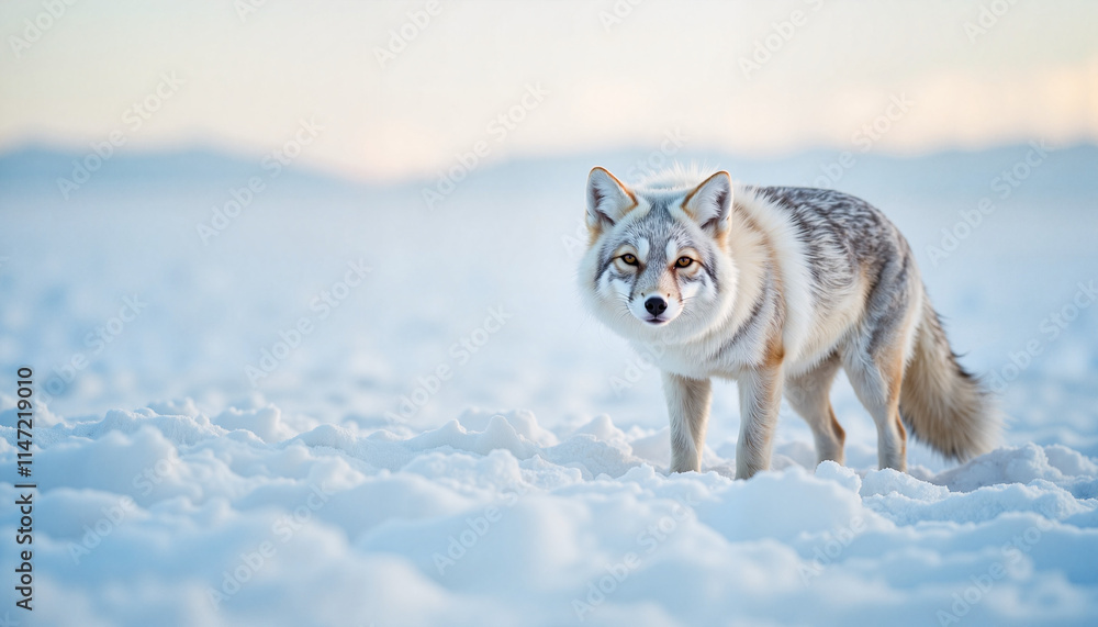 Arctic fox standing in snowy wilderness at dawn Arctic fox standing in snowy wilderness at dawn