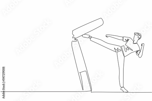 Continuous one line drawing man kicks big cigarette stick until it breaks. Professional athlete who loves healthy living. No cigarette smoke in daily life. Single line draw design vector illustration