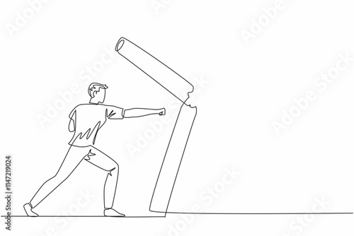 Single continuous line drawing man hits big cigarette stick until it breaks. Determined to live healthier than before. Resistance against addictive substances. One line design vector illustration