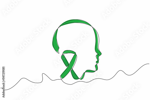 Single continuous line drawing the green ribbon and head silhouette of child. Developmental disorders. Care about them. National Cerebral Palsy Awareness Month. One line design vector illustration