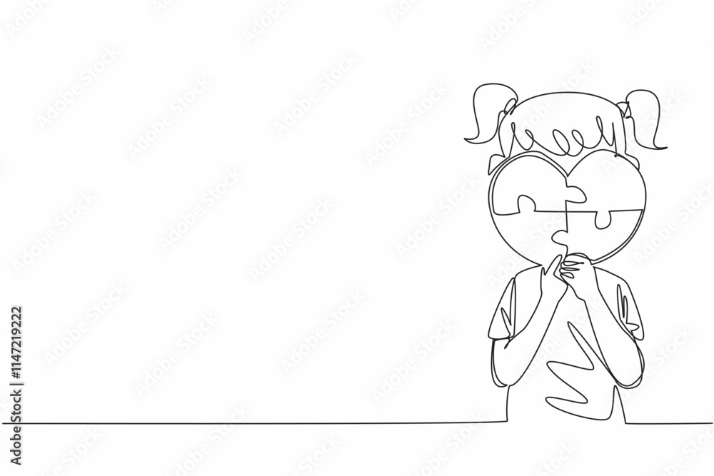 Single one line drawing girl holding a heart shaped 4 piece puzzle. A changeable mindset. Needs more attention. Treatment. World Autism Awareness Day. Continuous line design graphic illustration Single one line drawing girl holding a heart shaped 4 piece puzzle. A changeable mindset. Needs more attention. Treatment. World Autism Awareness Day. Continuous line design graphic illustration