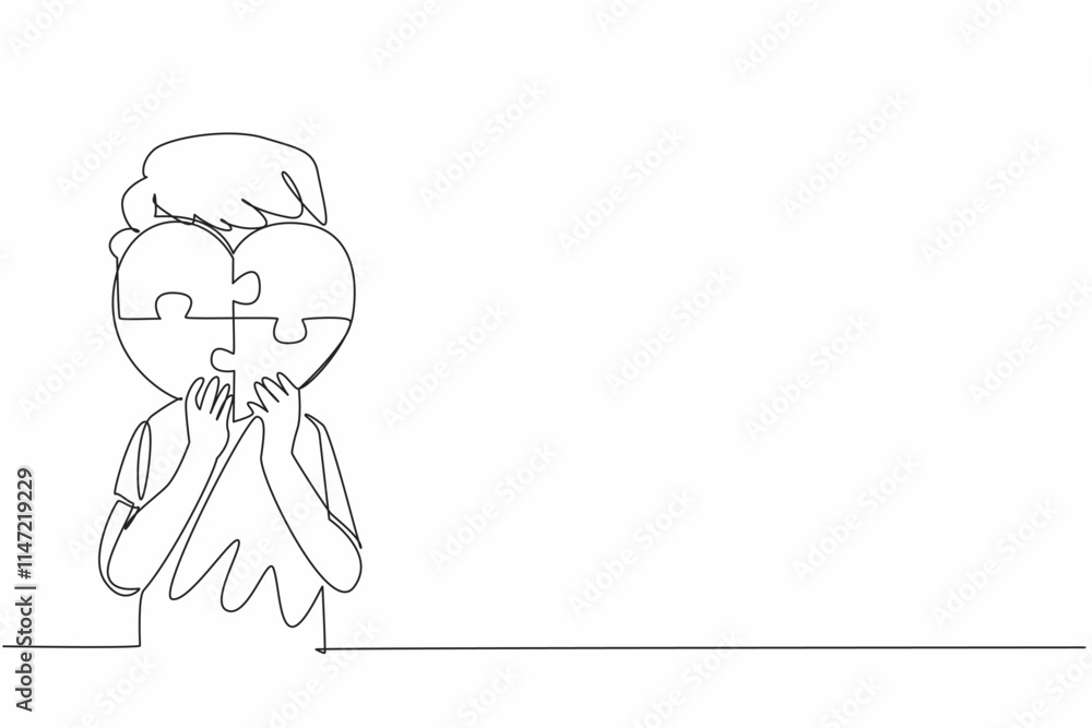 Single continuous line drawing boy holding a heart shaped 4 piece puzzle. Symbolic. Non verbal expression. Needs excessive affection. World Autism Awareness Day. One line design vector illustration Single continuous line drawing boy holding a heart shaped 4 piece puzzle. Symbolic. Non verbal expression. Needs excessive affection. World Autism Awareness Day. One line design vector illustration