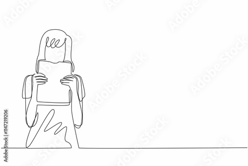 Single one line drawing a woman in casual clothes is biting a thick book. A unique metaphor. Spending a book increases understanding. Edible Book Day. Continuous line design graphic illustration