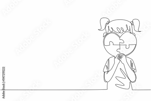 Single one line drawing girl holding a heart shaped 4 piece puzzle. A changeable mindset. Needs more attention. Treatment. World Autism Awareness Day. Continuous line design graphic illustration