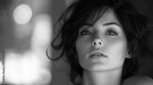 portrait of woman, looking like actress Eva Mendes, beautiful, black and white, atmospheric light photo