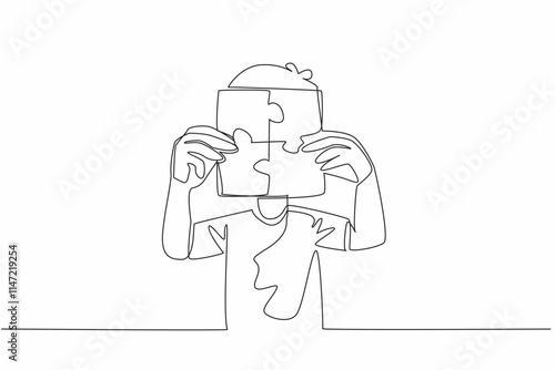 Single one line drawing boy holds with both hands 4 piece puzzle in the shape of box. His unique behavior. Posing covering face. World Autism Awareness Day. Continuous line design graphic illustration