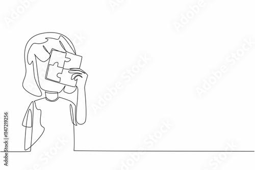 Continuous one line drawing little girl holding a 4 piece square puzzle. Positive influence on the ability to focus. Treatment. World Autism Awareness Day. Single line draw design vector illustration