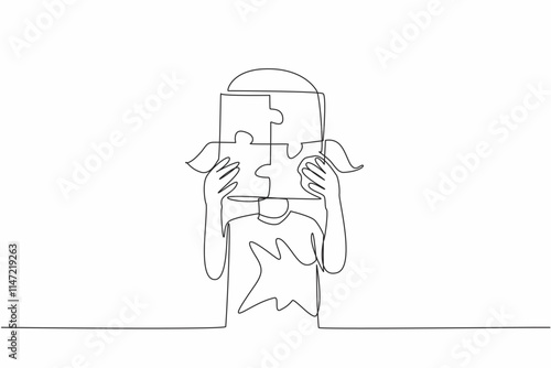 Single continuous line drawing the girl holds with both hands 4 piece puzzle in the shape of a box. A very unique diversity of mindset. World Autism Awareness Day. One line design vector illustration