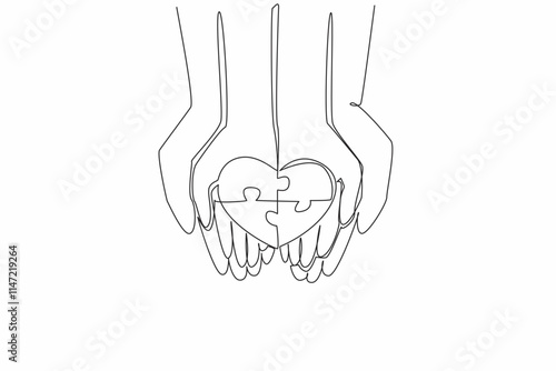 Continuous one line drawing 4 piece puzzle in the shape of love on the palm of the hand. Protect and love with all the heart. World Autism Awareness Day. Single line draw design vector illustration