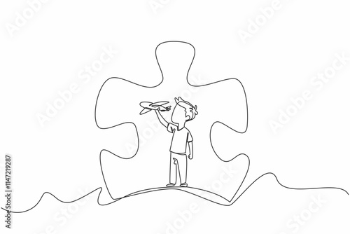 Single one line drawing boy playing with airplanes in the middle of a large puzzle piece. Complexity of mind content. Diversity. World Autism Awareness Day. Continuous line design graphic illustration