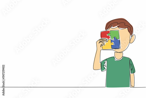 Single continuous line drawing little boy holding a 4 piece square puzzle. Colorful puzzles help to focus. Various treatment methods. World Autism Awareness Day. One line design vector illustration