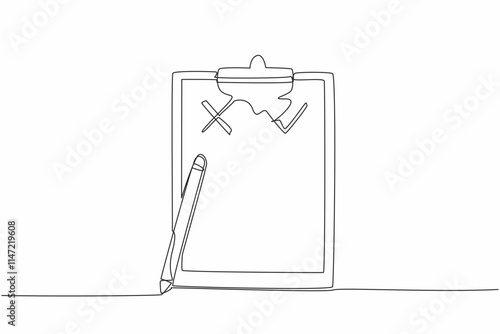 Single one line drawing clipboard with check mark and X symbol. List truth in detail. Avoid lies. Anti hoax information. International Fact-Checking Day. Continuous line design graphic illustration