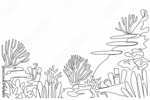 Continuous one line drawing colorful coral reefs and variety of anemones and corals. Protect coastline from erosion. Ecosystem. World Aquatic Animal Day. Single line draw design vector illustration