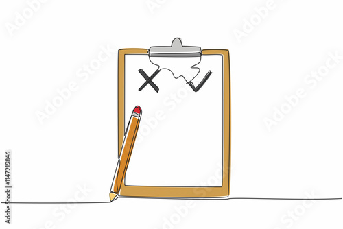 Single one line drawing clipboard with check mark and X symbol. List truth in detail. Avoid lies. Anti hoax information. International Fact-Checking Day. Continuous line design graphic illustration