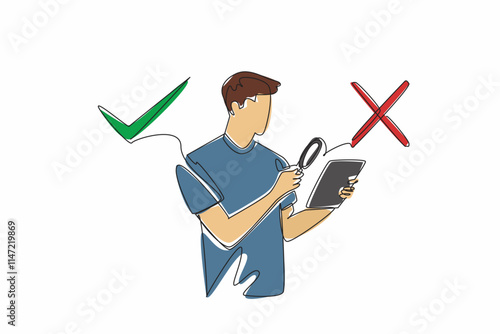 Continuous one line drawing a man points a magnifier at a tab he is holding. Checking the truth of the news. Avoiding hoax. International Fact-Checking Day. Single line draw design vector illustration