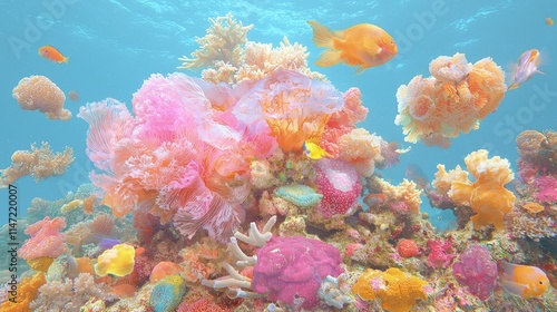 Vibrant coral reef teeming with colorful fish.