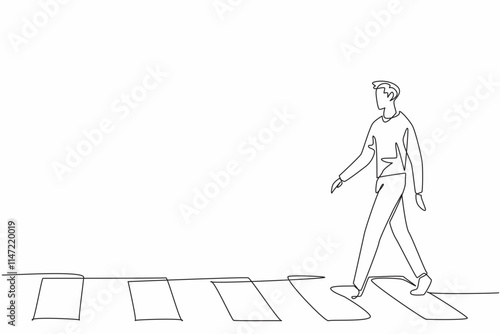 Continuous one line drawing man in casual clothes walking on zebra crossing. Leisurely walking activity. Orderly. Good habit. Culture. National Walking Day. Single line draw design vector illustration