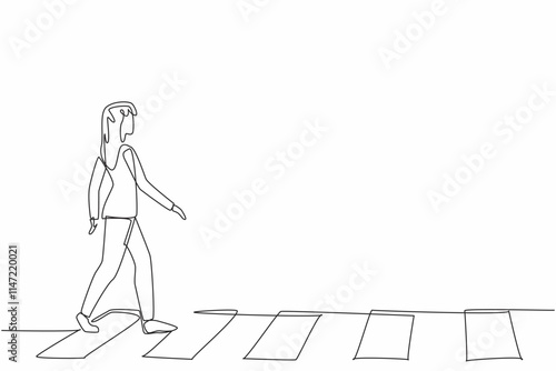 Continuous one line drawing young woman walking on zebra crossing. Good habit. Do not cross anywhere. Respect each other. Pedestrian. National Walking Day. Single line draw design vector illustration