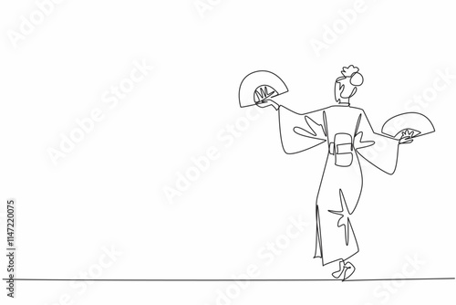 Continuous one line drawing woman wear kimono hold paper fan in both hands. Very good at choreography. Inviting admiration of many people. Fan Dance Day. Single line draw design vector illustration