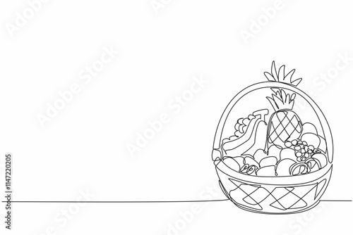Continuous one line drawing fruit basket containing oranges, grapes, apples, pineapples and bananas. Parcels filled with vitamin C. National Vitamin C Day. Single line draw design vector illustration