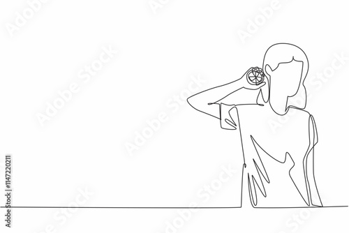 Single one line drawing woman hold orange cut in two with one hand. Invitation to live healthily. Eating lots of vitamin-rich fruit. National Vitamin C Day. Continuous line design graphic illustration