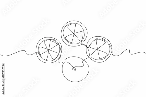Continuous one line drawing one whole orange and three pieces of orange. Fulfilling daily vitamin C intake. Freshness during summer. National Vitamin C Day. Single line draw design vector illustration