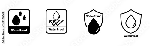 Waterproof icons isolated set. Waterproof fabrics and absorbent fabrics symbol. Water repellent surface icons. Water resistance signs. liquid proof protection. Shield with water drop. Anti, proof 