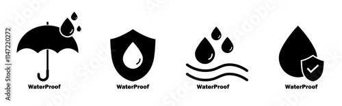 Waterproof icons isolated set. Waterproof fabrics and absorbent fabrics symbol. Water repellent surface icons. Water resistance signs. liquid proof protection. Shield with water drop. Anti, proof 