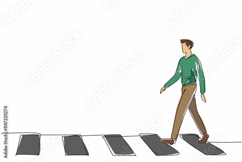 Continuous one line drawing man in casual clothes walking on zebra crossing. Leisurely walking activity. Orderly. Good habit. Culture. National Walking Day. Single line draw design vector illustration