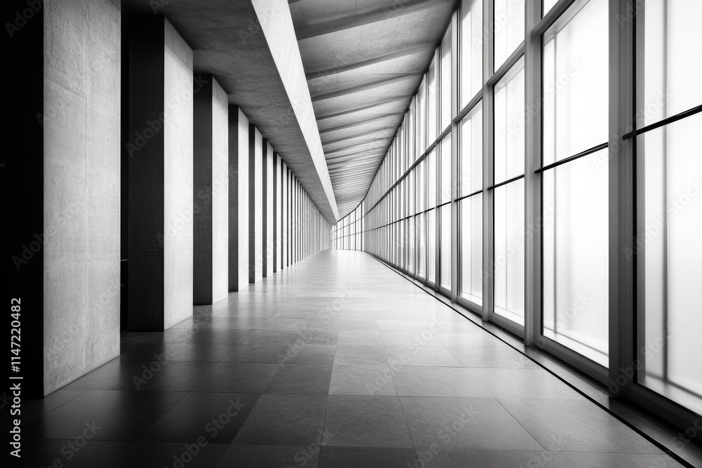 Fototapeta premium A minimalist corridor with large windows, emphasizing light and space.