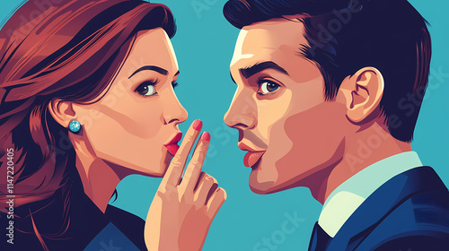 Close up shot of businesswoman executives gossiping whisper businessman. Whisper. Illustration
