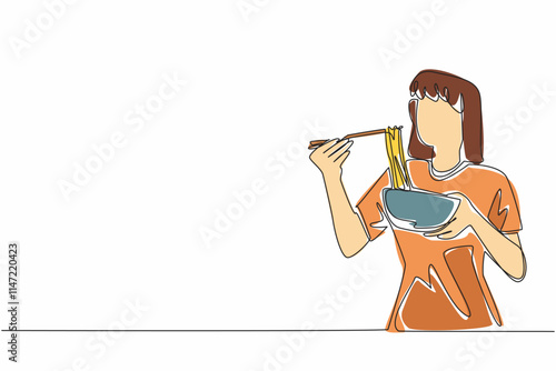 Single continuous line drawing woman devouring ramen with chopsticks. Delicious traditional food. Thick broth. Eaten with great gusto. Yummy. National Ramen Day. One line design vector illustration