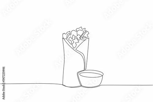 Single one line drawing standing burrito serving and chili sauce in small bowl. Introducing deliciousness of Mexican food more widely. National Burrito Day. Continuous line design graphic illustration