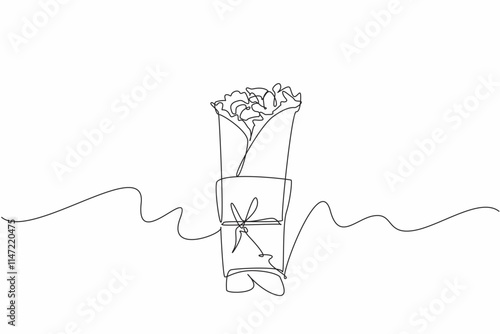 Single continuous line drawing burritos wrapped in rolls of paper and string. Meals to take home. Savory meat dishes. Eat with family. Yummy. National Burrito Day. One line design vector illustration