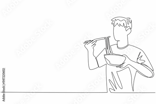 Single one line drawing man devouring ramen with chopsticks. Inhale the delicious aroma of ramen when lifted. A satisfying delicacy. National Ramen Day. Continuous line design graphic illustration