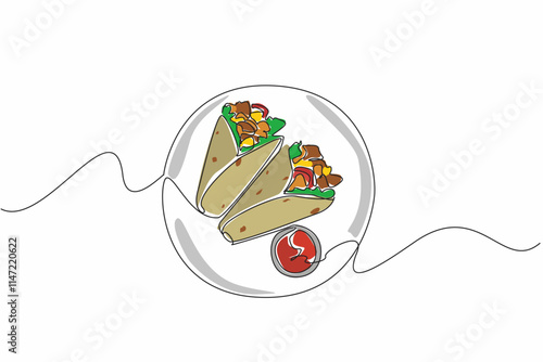 Single continuous line drawing two burritos on a plate and chili sauce in a small bowl. Food containing minced meat. Eaten while warm. Yummy. National Burrito Day. One line design vector illustration