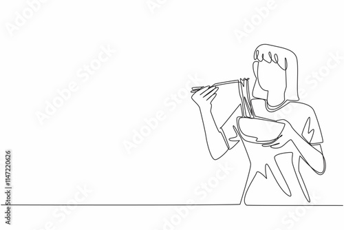 Single continuous line drawing woman devouring ramen with chopsticks. Delicious traditional food. Thick broth. Eaten with great gusto. Yummy. National Ramen Day. One line design vector illustration